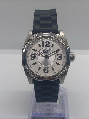 CAT Silver Dial Crystal Bezel Watch with Black Silicone Band
